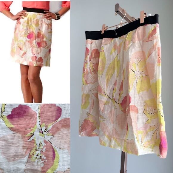 LOFT Ann Taylor Yellow Pink and White A-Line Skirt Size 6 P - Picture 1 of 16